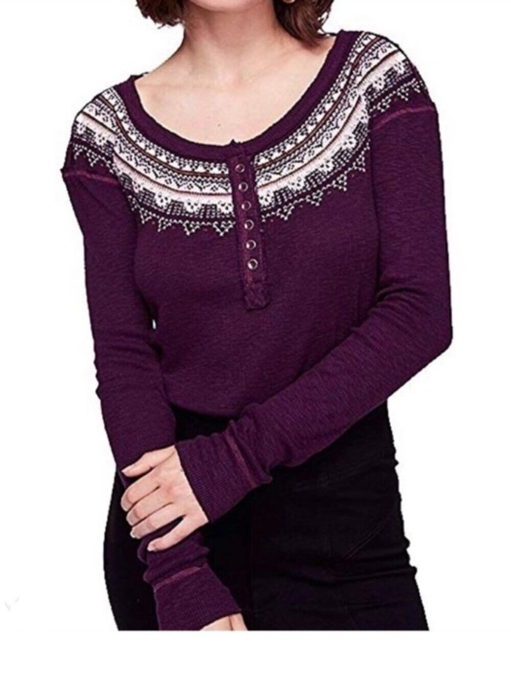Free People "We The Free" Fair Isle Embroidered Thermal Henley Women’s size M